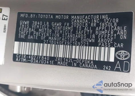 2009 Toyota Corolla Le from USA, damaged, VIN 2T1BU40EX9C169221